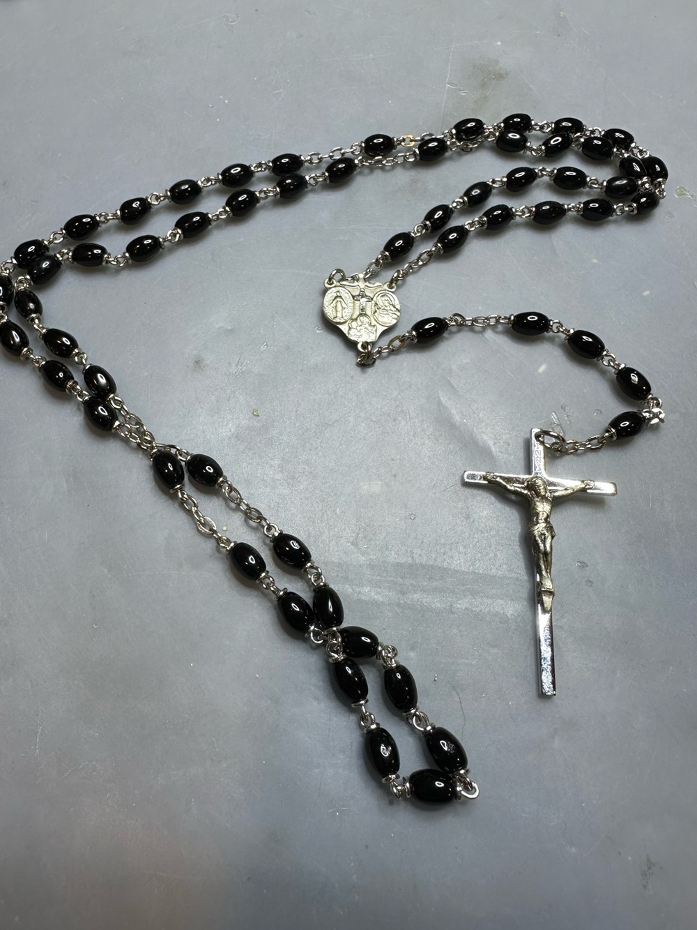Sterling Silver Black Glass Bead Rosary